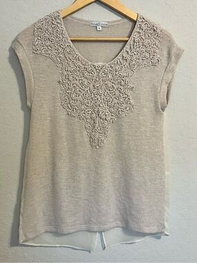 Moa Moa Open Back Crochet Lace Knit Top Neutral Boho Resort Medium Flowy Lace